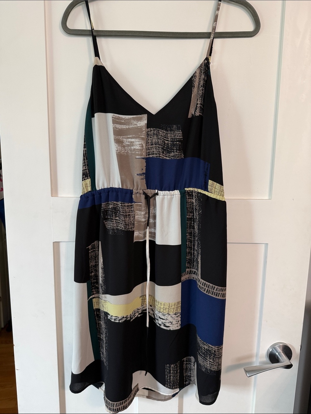 Babaton Black Abstract-Block Mini Dress with Navy, Cream & Yellow Accents